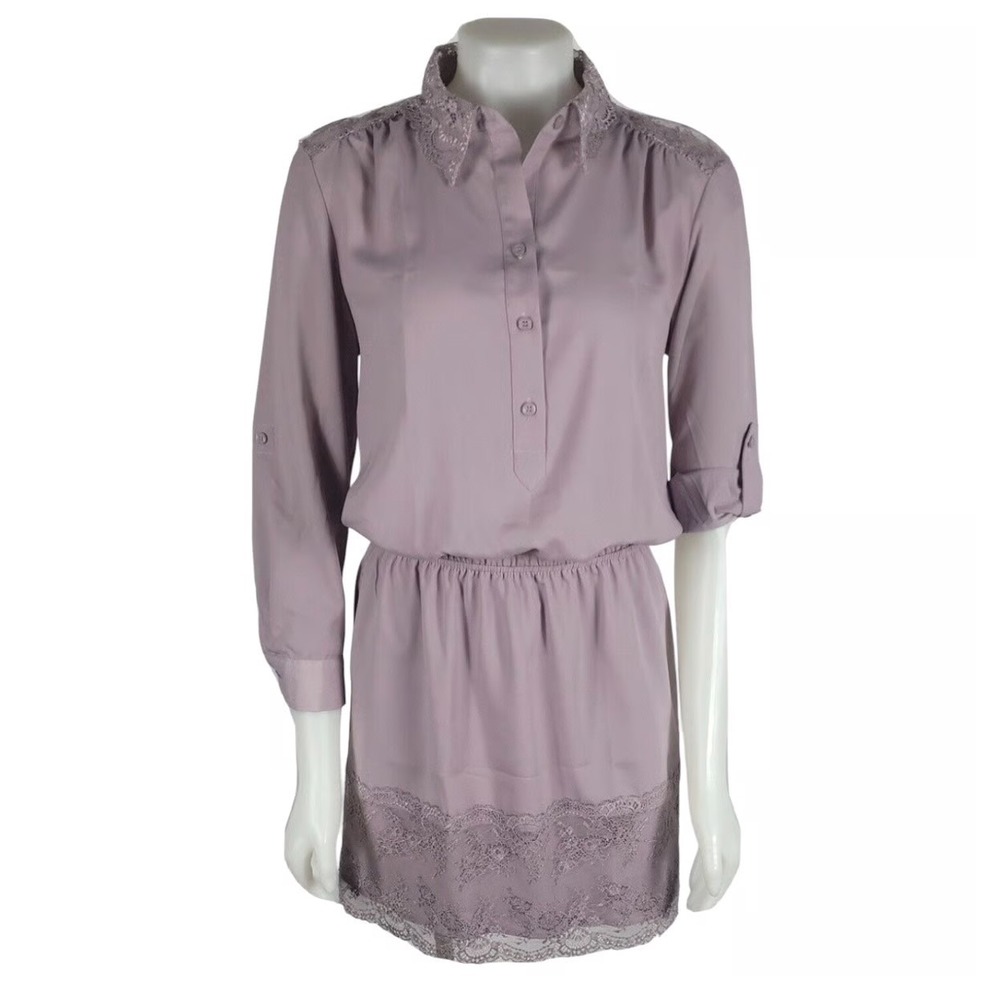 Victoria's Secret Mauve Purple Lace Trim Mini Dress Long Roll Tab Sleeve Medium